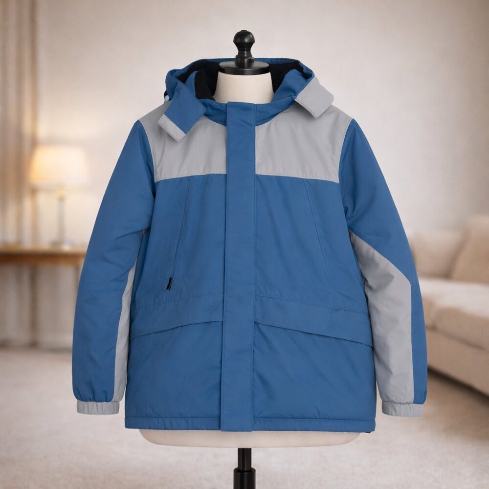Blue Gray Fleece-lined Winter Coat With Detachable Hood Size XL